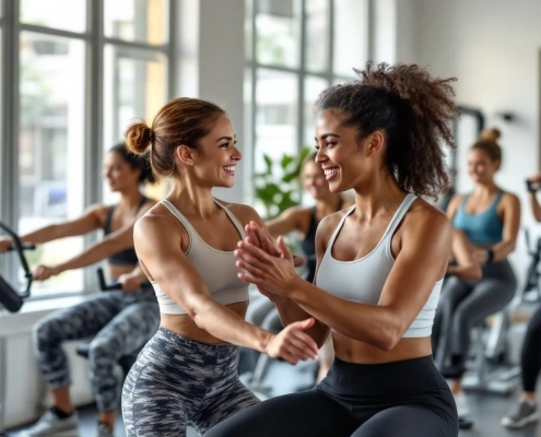 Diverse vrouwen trainen samen in lichte moderne sportschool met begeleiding van vrouwelijke trainer