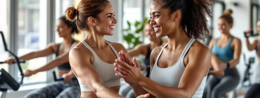 Diverse vrouwen trainen samen in lichte moderne sportschool met begeleiding van vrouwelijke trainer