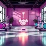 Curves fitnessfranchise studio met paarse hydraulische apparatuur in cirkel, handdruk symbool centraal, natuurlijk licht