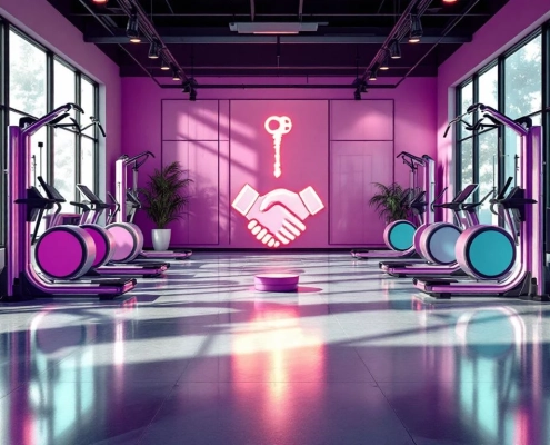 Curves fitnessfranchise studio met paarse hydraulische apparatuur in cirkel, handdruk symbool centraal, natuurlijk licht