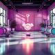 Curves fitnessfranchise studio met paarse hydraulische apparatuur in cirkel, handdruk symbool centraal, natuurlijk licht