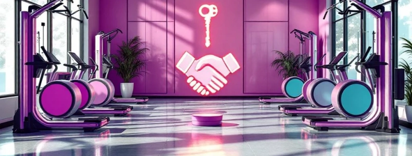Curves fitnessfranchise studio met paarse hydraulische apparatuur in cirkel, handdruk symbool centraal, natuurlijk licht