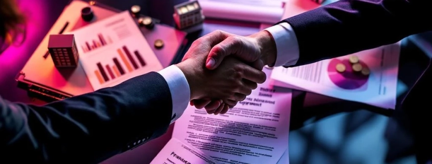 Zakelijke handdruk boven moderne vergadertafel met franchise documenten, munten en gebouwmodellen in paars licht