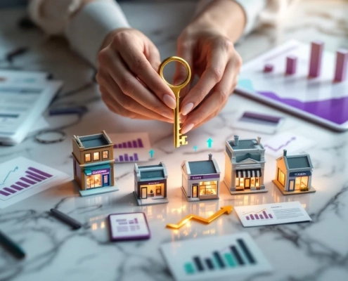 Zakenvrouw houdt gouden sleutel boven miniatuur franchise winkels met financiële documenten op marmeren oppervlak