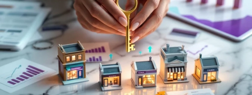 Zakenvrouw houdt gouden sleutel boven miniatuur franchise winkels met financiële documenten op marmeren oppervlak