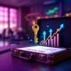 Gouden sleutel ontgrendelt koffer met franchisedocumenten en groeigrafiekn op modern bureau in fitnessomgeving