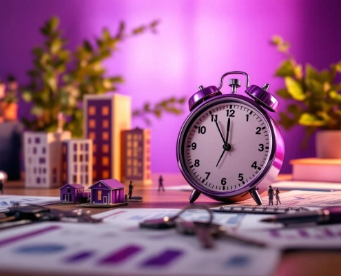 Moderne stopwatch omringd door miniatuur gebouwen, sleutels en documenten in paarse Curves franchise-kleuren op bureau