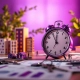 Moderne stopwatch omringd door miniatuur gebouwen, sleutels en documenten in paarse Curves franchise-kleuren op bureau