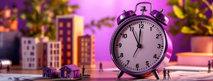 Moderne stopwatch omringd door miniatuur gebouwen, sleutels en documenten in paarse Curves franchise-kleuren op bureau