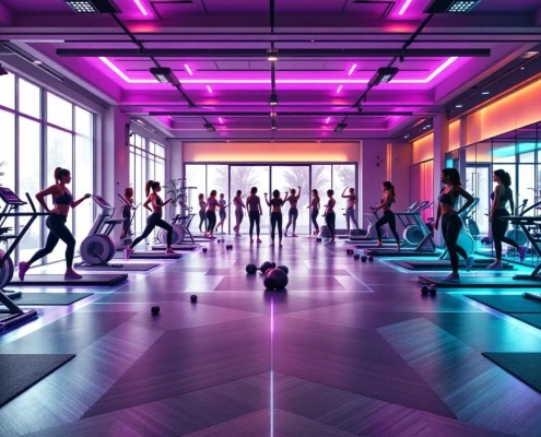 Vrouwen trainen in moderne fitnessstudio met paarse en turquoise verlichting en hydraulische fitnessapparatuur