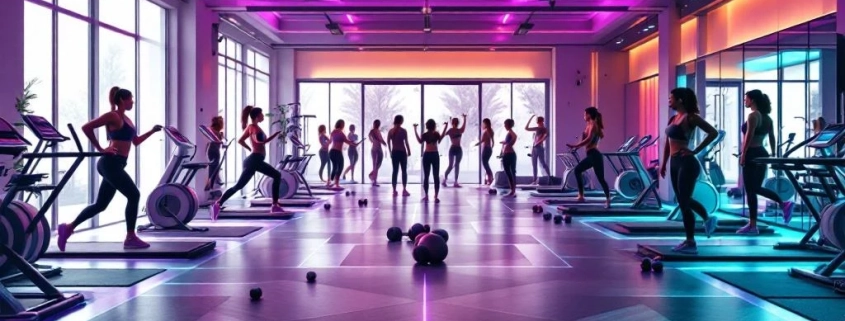 Vrouwen trainen in moderne fitnessstudio met paarse en turquoise verlichting en hydraulische fitnessapparatuur