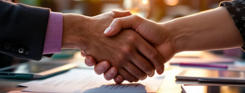 Ondersteunende handen reiken samen boven zakelijke documenten en tablets op modern bureau met paarse en groene accenten