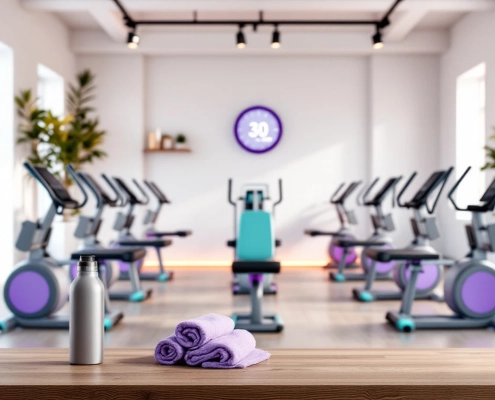 Moderne vrouwenfitnesscentrum met paarse en turquoise hydraulische apparatuur in cirkelvorm, warme verlichting, waterfles voorgrond