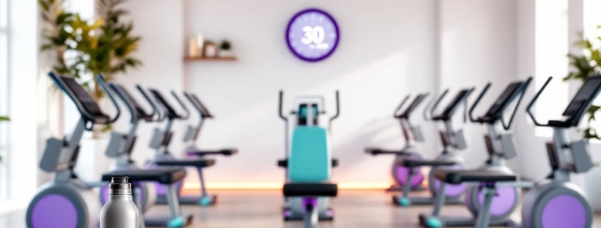 Moderne vrouwenfitnesscentrum met paarse en turquoise hydraulische apparatuur in cirkelvorm, warme verlichting, waterfles voorgrond