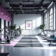 Moderne vrouwenfitness centrum met hydraulische trainingsapparatuur in paars en turquoise, natuurlijk licht door grote ramen