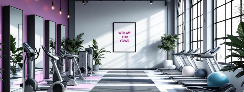 Moderne vrouwenfitness centrum met hydraulische trainingsapparatuur in paars en turquoise, natuurlijk licht door grote ramen