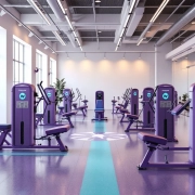 vrouwen-fitness-center-moderne-apparatuur-interieur.jpg Moderne vrouwenfitnessruimte met paarse en turquoise hydraulische apparatuur in cirkelvormige opstelling onder heldere verlichting