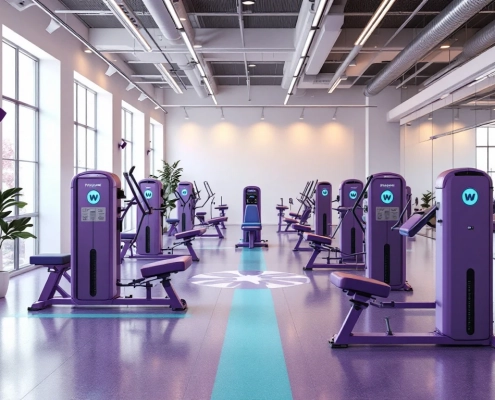 Moderne vrouwenfitnessruimte met paarse en turquoise hydraulische apparatuur in cirkelvormige opstelling onder heldere verlichting