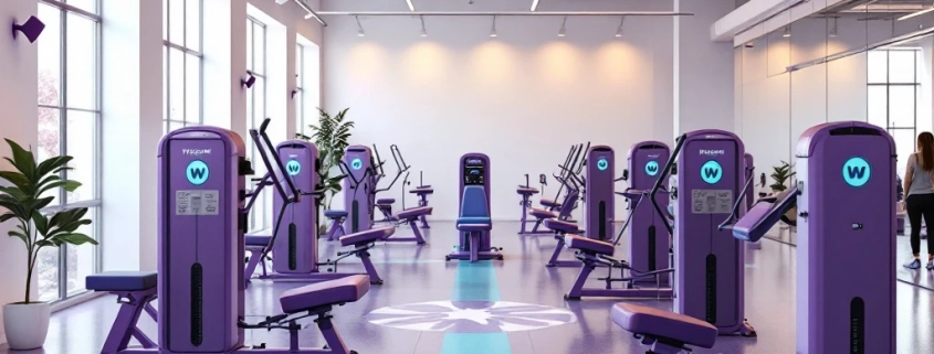 Moderne vrouwenfitnessruimte met paarse en turquoise hydraulische apparatuur in cirkelvormige opstelling onder heldere verlichting