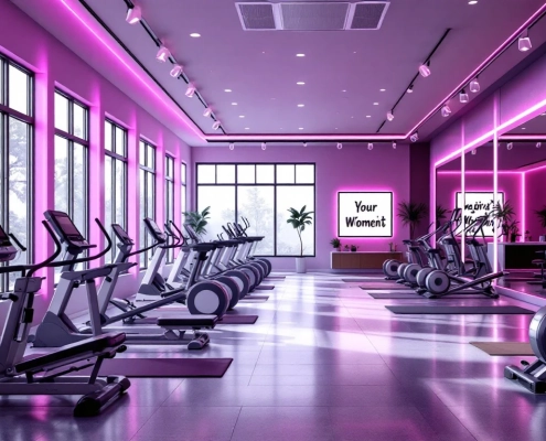 Moderne damesfitnesscentrum met paarse verlichting, hydraulische toestellen in circuit en natuurlijk licht door ramen