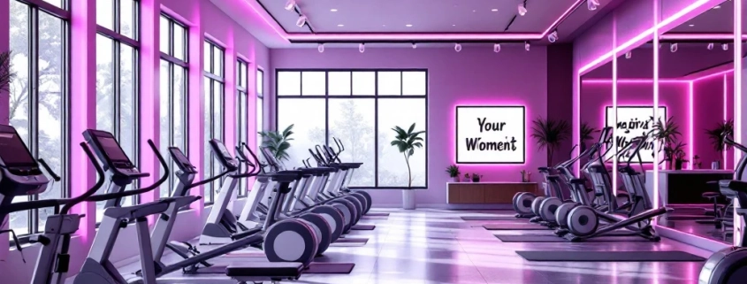 Moderne damesfitnesscentrum met paarse verlichting, hydraulische toestellen in circuit en natuurlijk licht door ramen