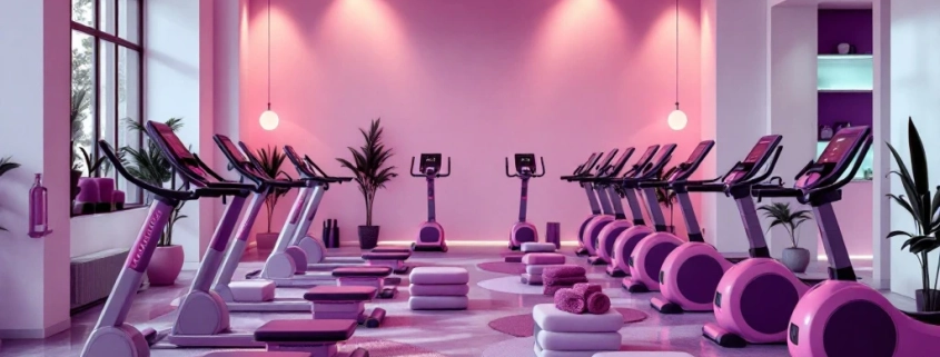 Moderne dames fitnessruimte met paarse hydraulische apparaten in cirkel, warme verlichting en motiverende sfeer