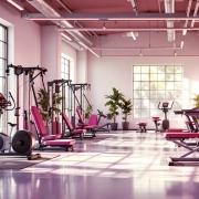 Vrouwenfitnessstudio met moderne hydraulische apparatuur in cirkel, paarse accenten, natuurlijk licht door ramen