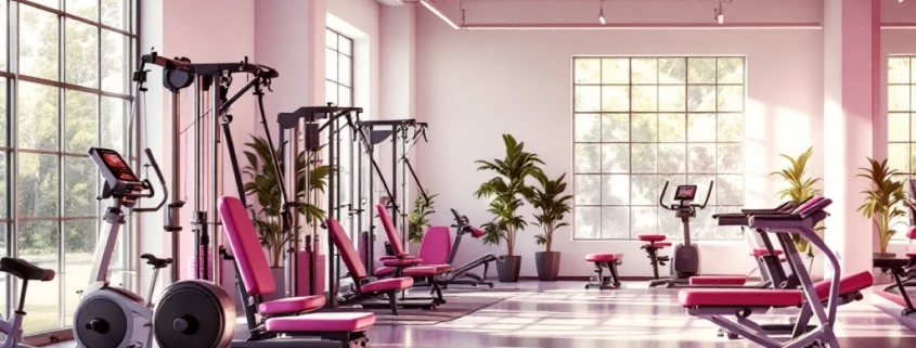 Vrouwenfitnessstudio met moderne hydraulische apparatuur in cirkel, paarse accenten, natuurlijk licht door ramen