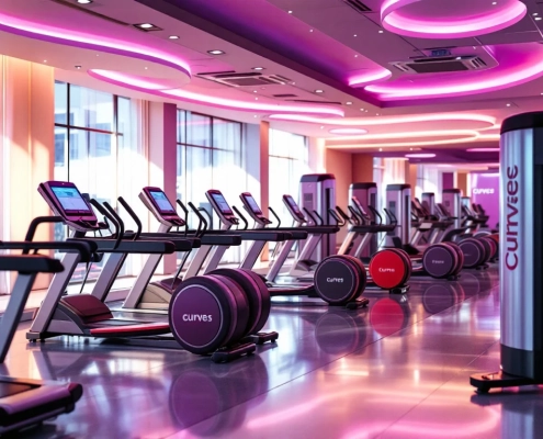 Moderne vrouwenfitnessruimte met hydraulische trainingsapparatuur in circuit, paarse verlichting en gepolijste vloeren