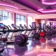 Moderne vrouwenfitnessruimte met hydraulische trainingsapparatuur in circuit, paarse verlichting en gepolijste vloeren