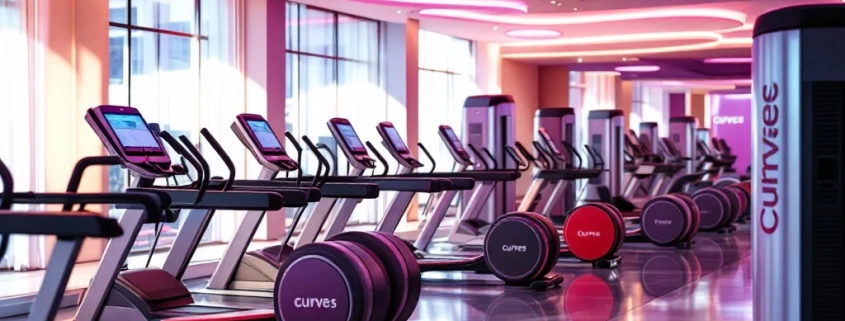 Moderne vrouwenfitnessruimte met hydraulische trainingsapparatuur in circuit, paarse verlichting en gepolijste vloeren