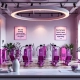 Vrouwenfitnesscentrum met paarse hydraulische trainingsapparatuur in cirkel en receptiebalie met bedrijfsdocumenten