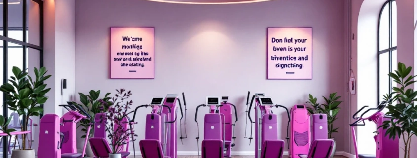 Vrouwenfitnesscentrum met paarse hydraulische trainingsapparatuur in cirkel en receptiebalie met bedrijfsdocumenten