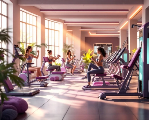 Moderne damesfitness ruimte met hydraulische apparaten in cirkel, paars-teal accenten, natuurlijk licht door grote ramen