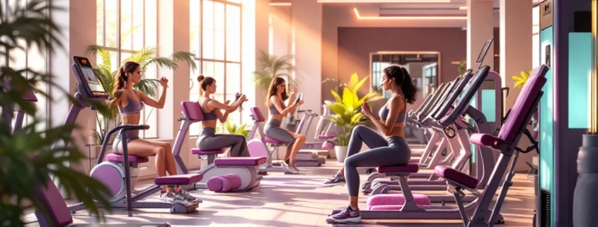 Moderne damesfitness ruimte met hydraulische apparaten in cirkel, paars-teal accenten, natuurlijk licht door grote ramen