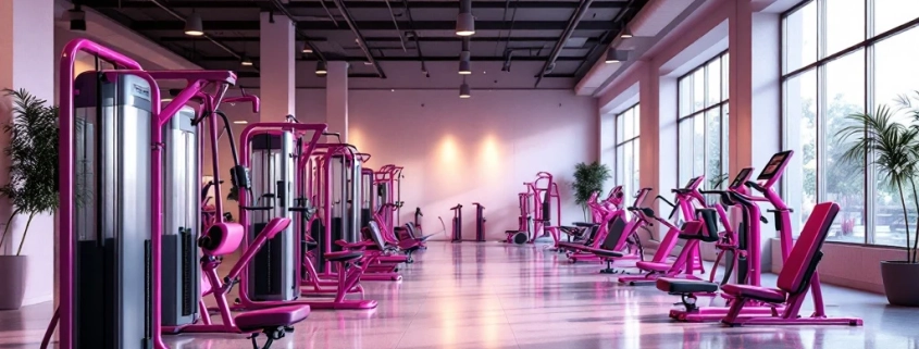Moderne vrouwenfitnessruimte met paarse en roze hydraulische apparatuur in circuit-opstelling, warme verlichting en grote ramen.