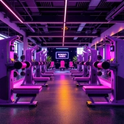 Moderne damesfitnessruimte met paarse hydraulische apparatuur in circuit-opstelling, spiegels en motiverende verlichting