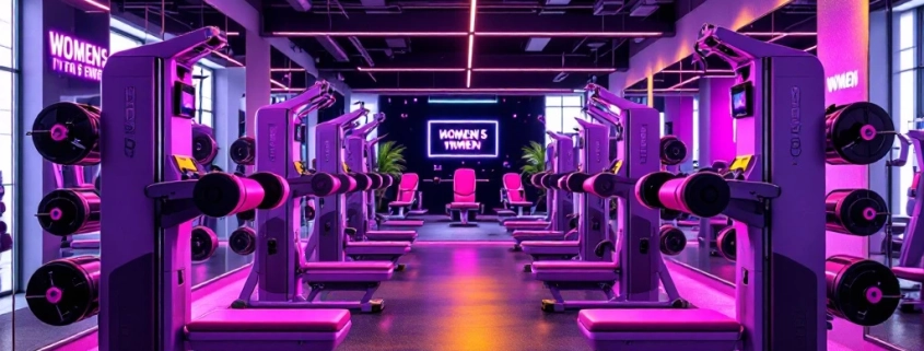 Moderne damesfitnessruimte met paarse hydraulische apparatuur in circuit-opstelling, spiegels en motiverende verlichting