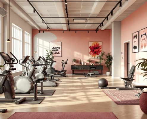 Moderne vrouwensportschool met hydraulische fitnessapparatuur in circulaire opstelling, warme paarse en roze accenten