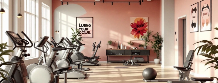 Moderne vrouwensportschool met hydraulische fitnessapparatuur in circulaire opstelling, warme paarse en roze accenten