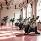 Moderne vrouwensportschool met hydraulische fitnessapparatuur in circulaire opstelling, paarse accenten en natuurlijk licht