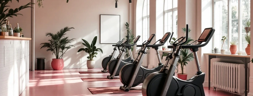 Moderne vrouwensportschool met hydraulische fitnessapparatuur in circulaire opstelling, paarse accenten en natuurlijk licht