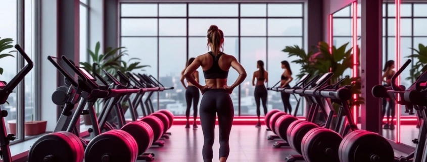 Moderne vrouwensportschool met paarse accenten, hydraulische fitnessapparatuur in cirkel, LED-verlichting en trainende vrouwen