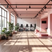 vrouwensportschool-moderne-fitness-apparatuur-roze.jpg Moderne vrouwensportschool met paarse accenten, hydraulische fitnesstoestellen in cirkel, natuurlijk licht door ramen