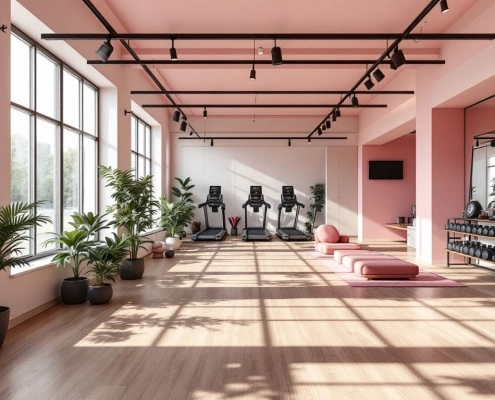 Moderne vrouwensportschool met paarse accenten, hydraulische fitnesstoestellen in cirkel, natuurlijk licht door ramen