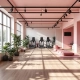 Moderne vrouwensportschool met paarse accenten, hydraulische fitnesstoestellen in cirkel, natuurlijk licht door ramen