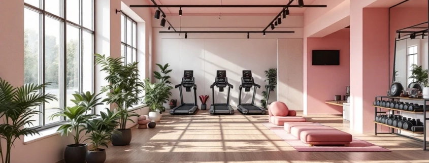 Moderne vrouwensportschool met paarse accenten, hydraulische fitnesstoestellen in cirkel, natuurlijk licht door ramen