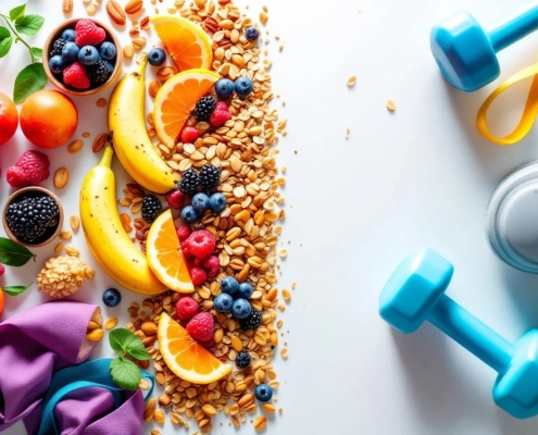 Gezonde voeding zoals bananen, haver en bessen naast sportuitrusting met halters en weerstandsbanden op witte achtergrond