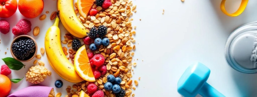 Gezonde voeding zoals bananen, haver en bessen naast sportuitrusting met halters en weerstandsbanden op witte achtergrond