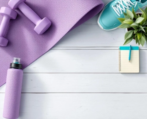 Sportuitrusting op witte houten ondergrond met paarse en turquoise halters, yogamat, sneakers en waterfles voor fitness